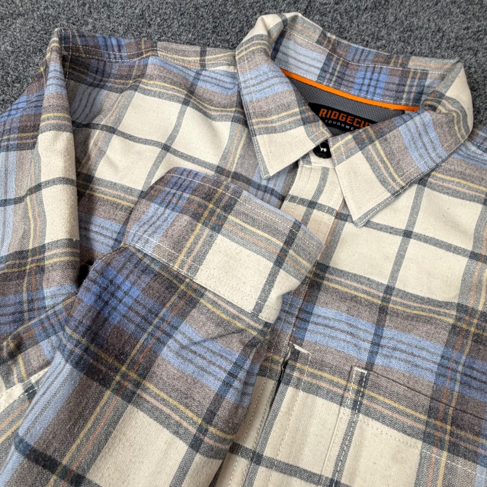 Ridgecut Toughwear Mens Large Blue Tan Plaid Work Shirt Mesh Gusset Long Sleeve